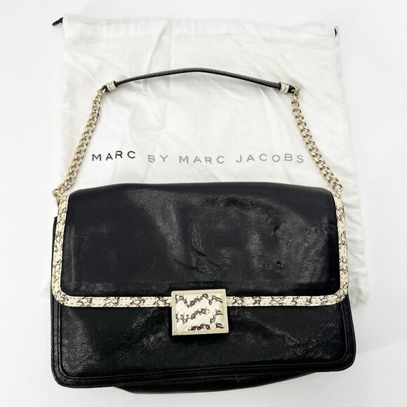 Marc by Marc Jacobs Black Lamb Leather Snake Trim Shoulder Purse Medium - Picture 1 of 16